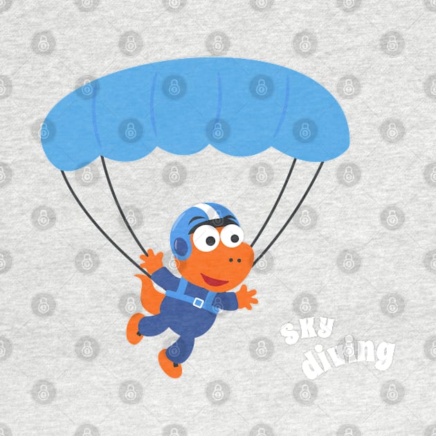 cartoon illustration of skydiving with litlle dinosaur by KIDS APPAREL